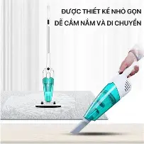 Chiếc máy hút bụi giá rẻ trong hình được thiết kế nhỏ gọn, có thể tháo rời phần thân dài để thuận tiện cho việc hút bụi trên sàn. Kiểu dáng gọn nhẹ giúp người dùng dễ dàng cầm nắm và di chuyển trong quá trình sử dụng. Trên hình có đoạn văn bản tiếng Việt: "Được thiết kế nhỏ gọn dễ cầm nắm và di chuyển."